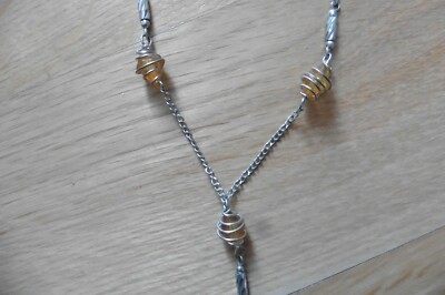 Designer Halskette Kette verstellbar Metall versilbert Perlen Kristallform Bernstein