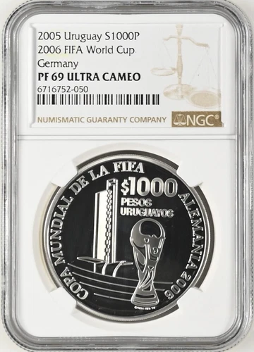 URUGUAY 1000 Pesos 2005 Silver NGC PF69 FIFA World Cup Trophy TOP POP 1/2