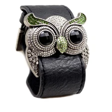 Silver Color Simulated Peridot Crystal Owl Leather Cuff Bracelet