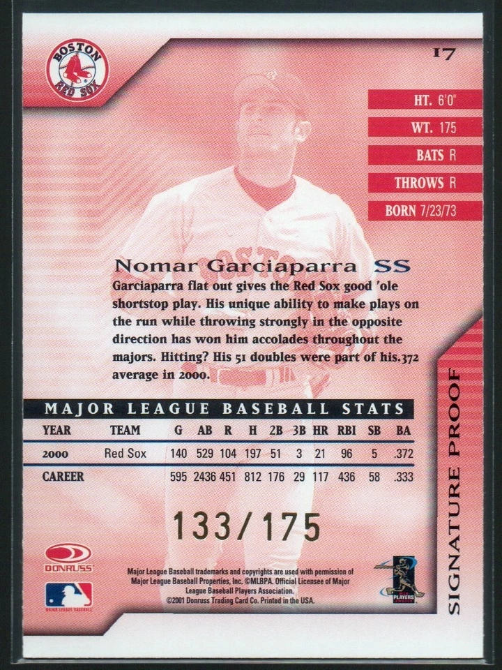 Nomar Garciaparra 2001 Donruss Signature Proofs #17  133/175  Boston Red Sox - Image 2 of 2