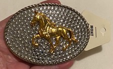 3D Gold Tone HORSE on Silver Tone  Clear Rhinestone Oversized BLING Belt Buckle