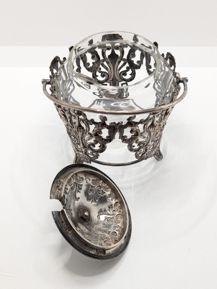 Ornate Silver Plate Sugar Bowl / Condiment Pot with Spoon, European