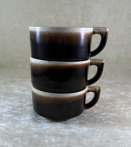 Vintage Pfaltzgraff Gourmet Brown Drip Flat-Bottom Cups/Mugs Set of 3