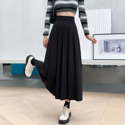 Women'sAutumn Suit Pleated Half Skirt High Waist A-line Mid length Pleated  Skirt