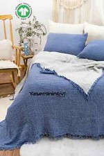 100 Turkish Cotton Muslin Blanket, 4 Layers Bedspread, Muslin Bed Cover, Blue