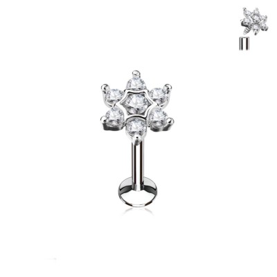 Lip Monroe Stud 16 Gauge 1/4'' Flower Gemmed 5mm Internal Thread Steel 