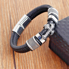 8" Leather Men's Cross Bracelet Stainless Steel Magnetic Clasp Father's Day Gift
