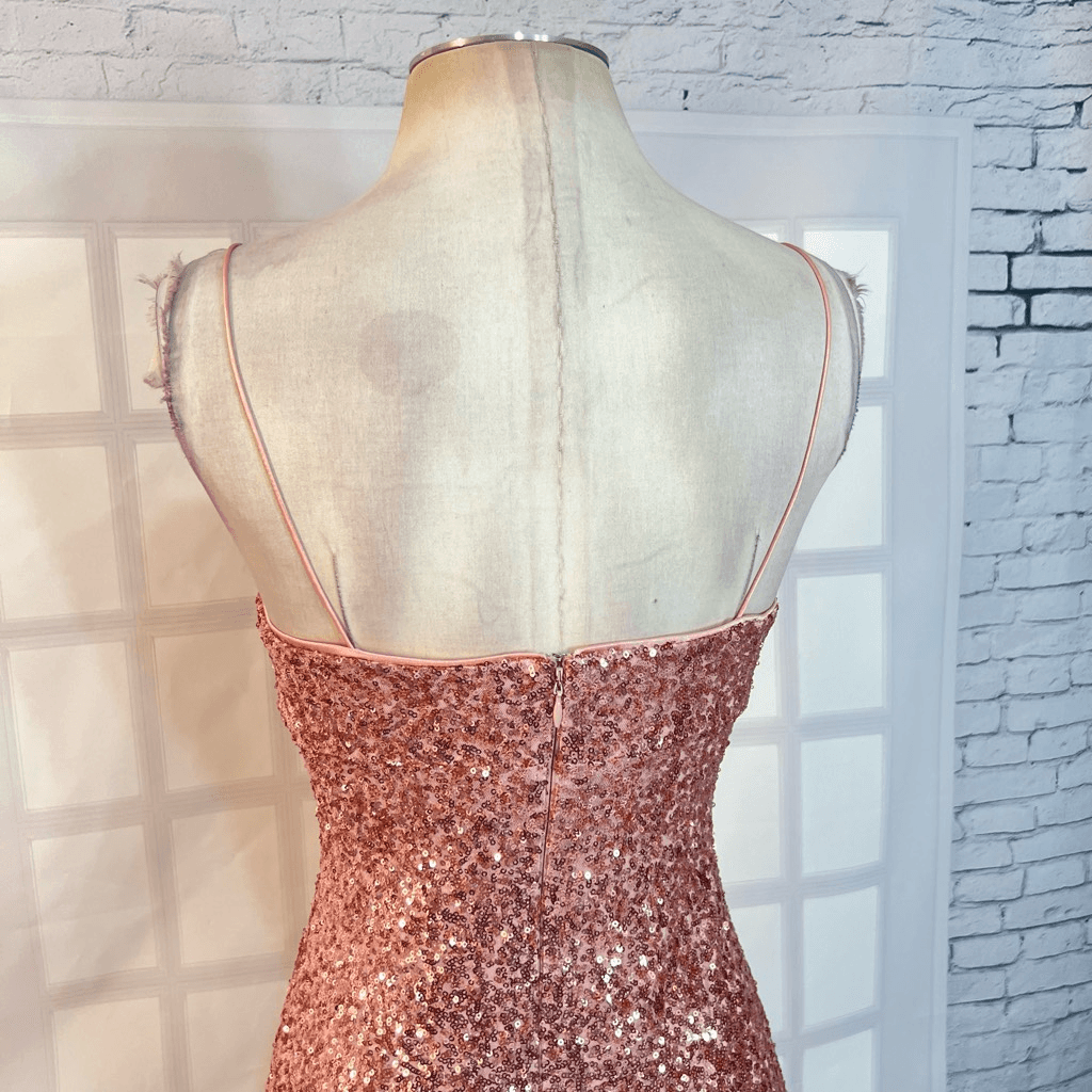 Aidan by Aidan Mattox Champagne Pink Sequin Side-Slit Lined Maxi Gown Size  4