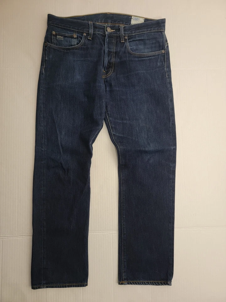 G Star Raw Jeans Mens 34x 28 Straight Button Fly Dark Wash 100% Cotton 3301 - Image 2 of 4