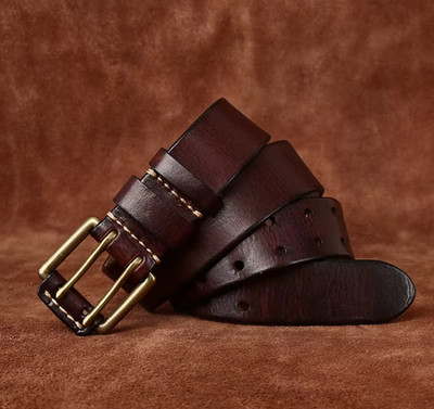 Men'S Double Prong Leather Jeans Belt Solid Brass Buckle Casual Work Waistband