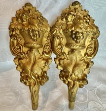 Antique Set 2 FRENCH Curtain Tie Backs Nouveau Flowers Grapes Vines Thin Metal