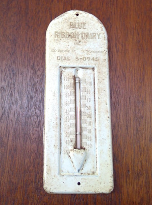 Vintage BLUE RIBBON DAIRY Farm Advertising Milk Thermometer Sign Worcester MASS