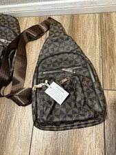 Mens Brown/Black Geometric Crossbody Sling Ba...