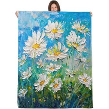 White Daisy Blanket,50x60in,Cozy Flannel Throw with Colorful Impressionist Fl...