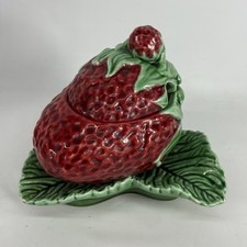 Vintage Majolica Strawberry Shaped Sugar Bowl Jelly Jam Jar With Lid No Spoon