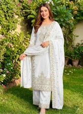Stunning Silk White Palazzo Suit With Dupatta For Indian Function Wear
