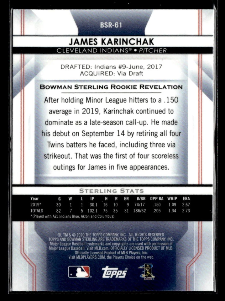 James Karinchak RC - 2020 Bowman Sterling Rookie #BSR-61 Cleveland Indians - Image 2 of 2