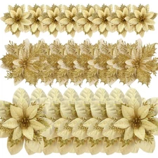 24 Pcs Glitter Poinsettia Golden Artificial Flowers Christmas with Clips Stem...