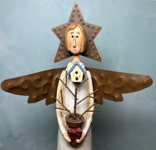 Primitive Rustic Slim Angel Holding Pot Metal Wings Halo Carved Wood Look Resin