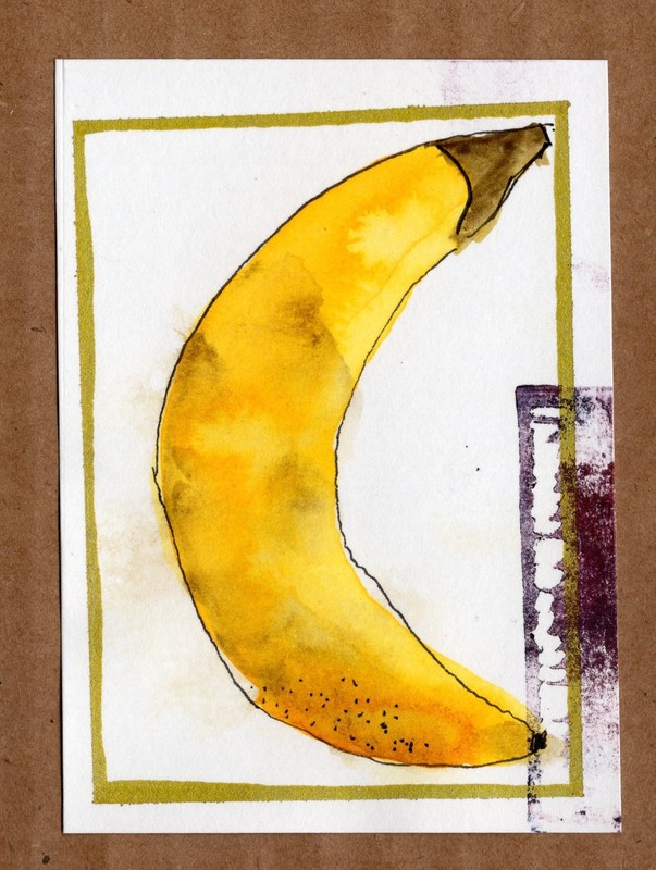 Original ACEO Art Card Banana watercolor and lino