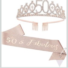 50th Birthday Tiara and Sash Set 5 pcs Rose Gold 50 Party Accessory  s