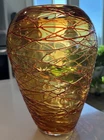 Vintage Murano-Style Art Glass Hand Blown Vase Amber Applied Red Threads Preown