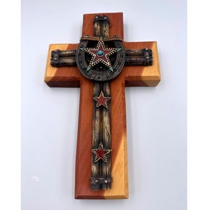 Rustic Western Wooden Wall Cross Star Concho Cowboy Southwest Wall Decor 10.5"