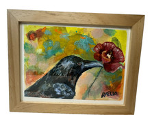 Original Art Crow Painting OOAK Bird Art "Demeter" Poppy Flower Framed Decor