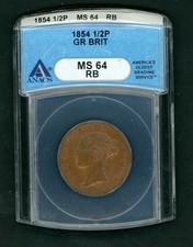 GREAT BRITAIN 1/2 PENNY 1854 COIN SLABBED ANACS MS-64 AS SHOWN