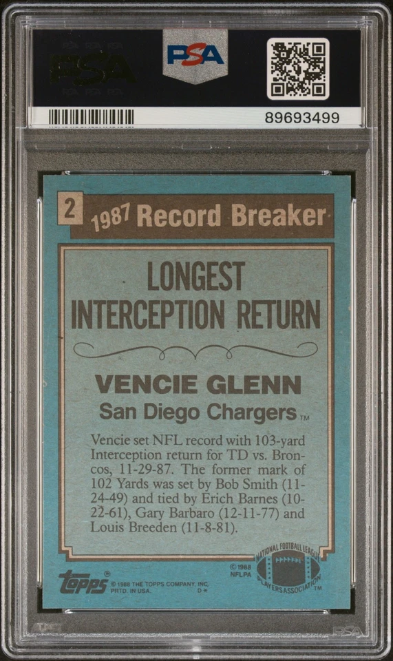 1988 Topps Vencie Glenn #2 PSA 9 - Image 2 of 2