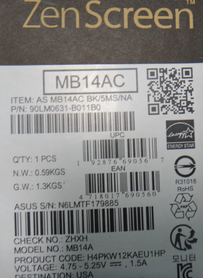 ASUS-ZenScreen USB Monitor 14” Full HD LCD Portable MB14AC *OPEN BOX* NO CABLE* - Image 3 of 4