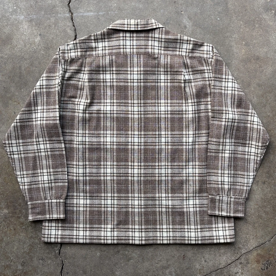 Camisa de Colección Años 60 Sombra A Cuadros Lana Cuello Lazo Abotonada Talla XL HECHA EN EE. UU. Foto 2 de 4