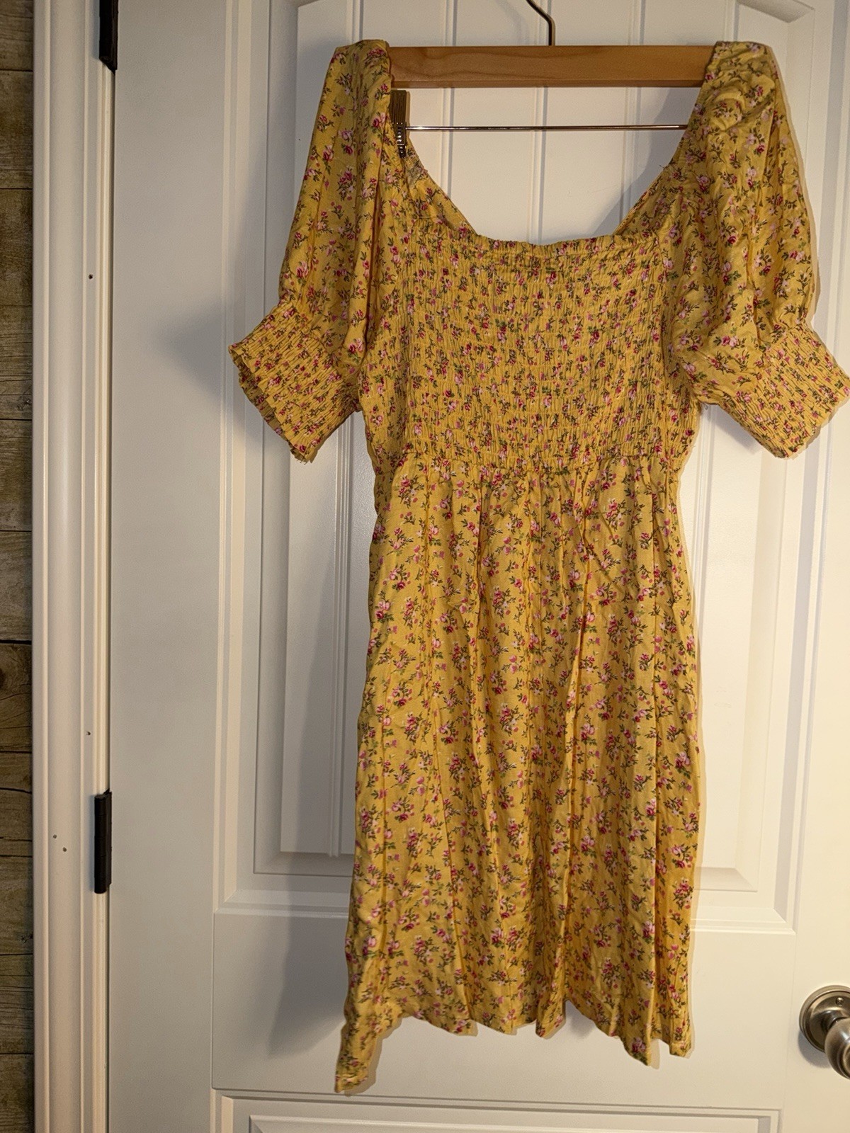 Mimi Chica Yellow Floral Puff Sleeve Dress Medium Cottagecore Boho Tie Front, photo 5
