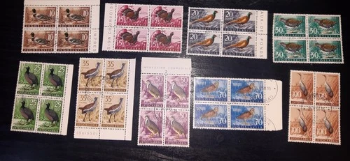 YUGOSLAVIA COMPLETE SET FAUNA III - BIRDS, 1958, BLOCKS OF FOUR, MICHEL 100 €