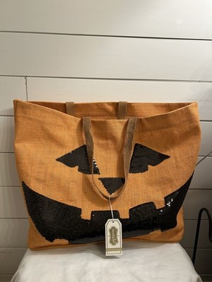 NWT Mudpie Burlap Tote Orange With Black Sequin Pumpkin Face Large 16x14