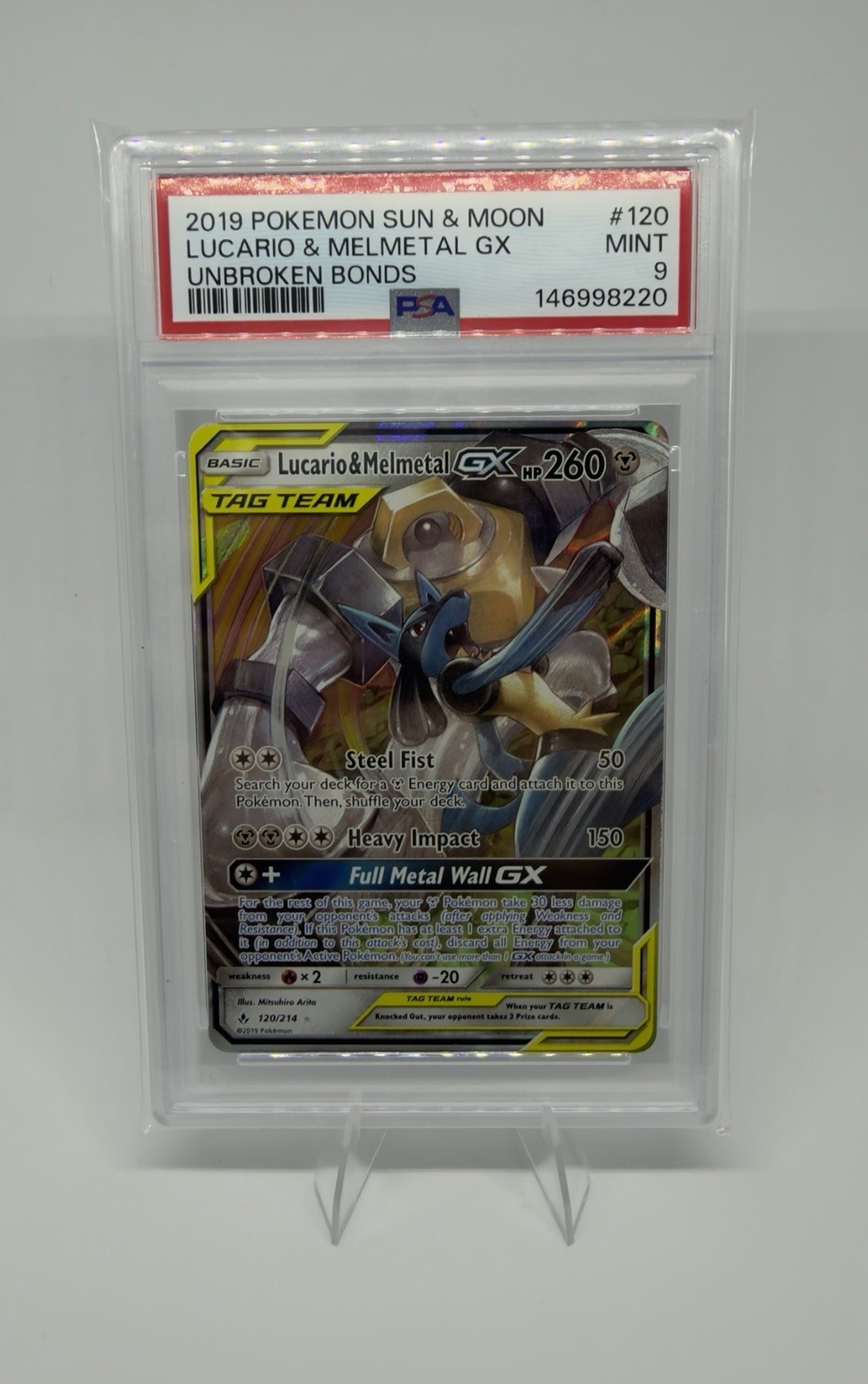PSA 9 - Pokémon TCG Lucario Melmetal GX Card Unbroken Bonds Tag Team #120