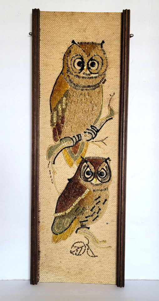 A RARE actual 1960s gravel-pebble mosaic owl wall art — the kind of genuinely weird, handcrafted vintage piece that stops guests mid-sentence.