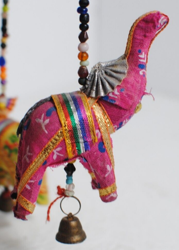 India Bohemian 5 Blue Fabric Elephants Beaded Umbrella Mobile Wall Hanging - Picture 6 of 17