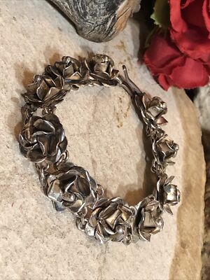 9. Vintage Taxco 925 Sterling Silver Rose Head Link Bracelet 7 5/8