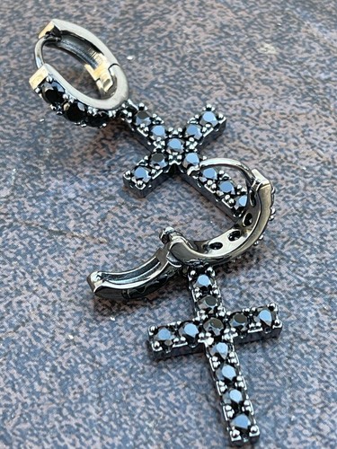 NEW Real Solid 925 Silver Men Ladies Dangle Cross Hoop Earrings Iced Black gifts - Picture 5 of 14
