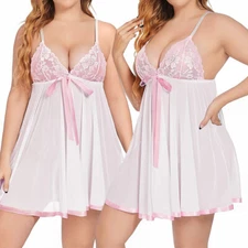 Women Sexy Lingerie Lace Babydoll Sheer Chemise Sleepwear Dress Pantie Plus Size