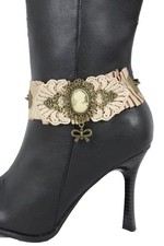 Women Vintage Gold Chain Boot Lace Wide Strap Western Shoe Band Punk Rock Bow