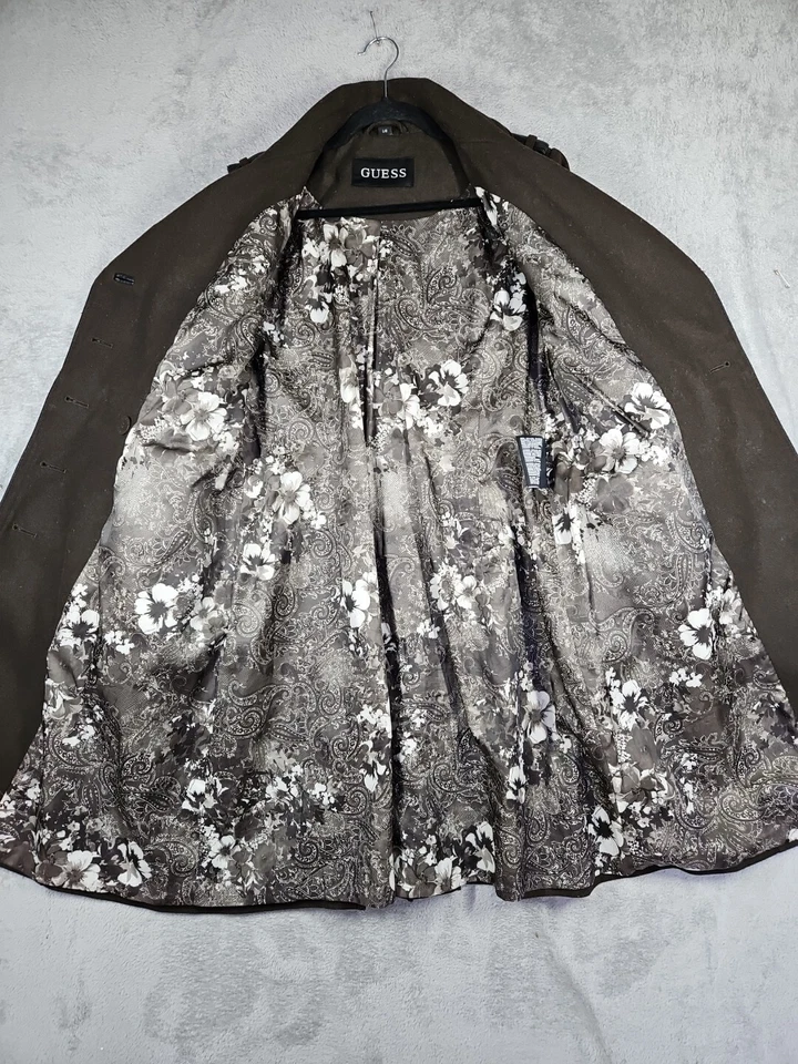 Gabardina Guess para mujer verde oliva oscuro mezcla de lana forro floral satinado talla L Foto 3 de 4