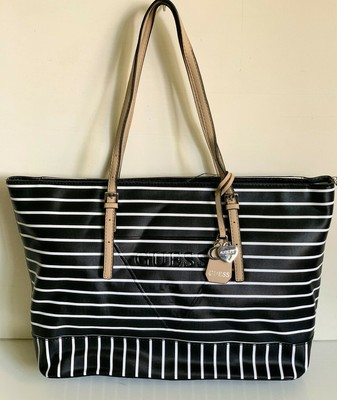NEW! GUESS BALLINA BLACK WHITE STRIPES LARGE SHOPPER SATCHEL TOTE BAG PURSE  SALE | eBay