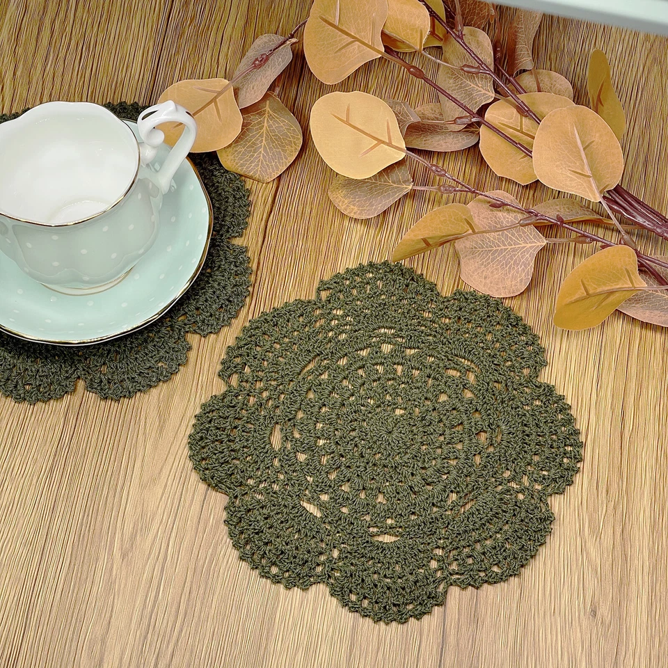 Porta-copos de algodão feitos à mão verde renda redonda crochê guardanapos de 8 polegadas, pacote com 4 - Imagem 3 de 4