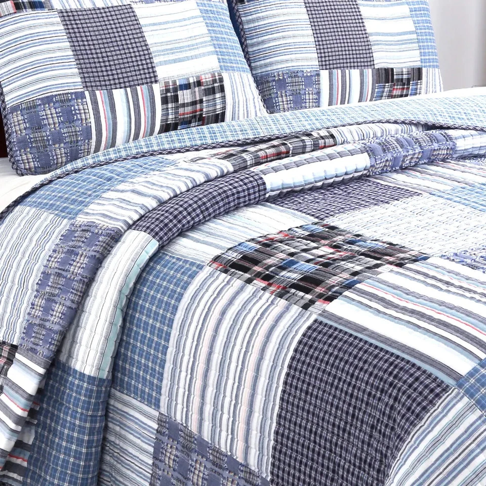 ¡NUEVO! ~ ACOGEDOR JUEGO DE EDREDÓN SUAVE A CUADROS MODERNO AZUL BLANCO GRIS CABAÑA DE TRONCOS LODGE COUNTRY Foto 2 de 3