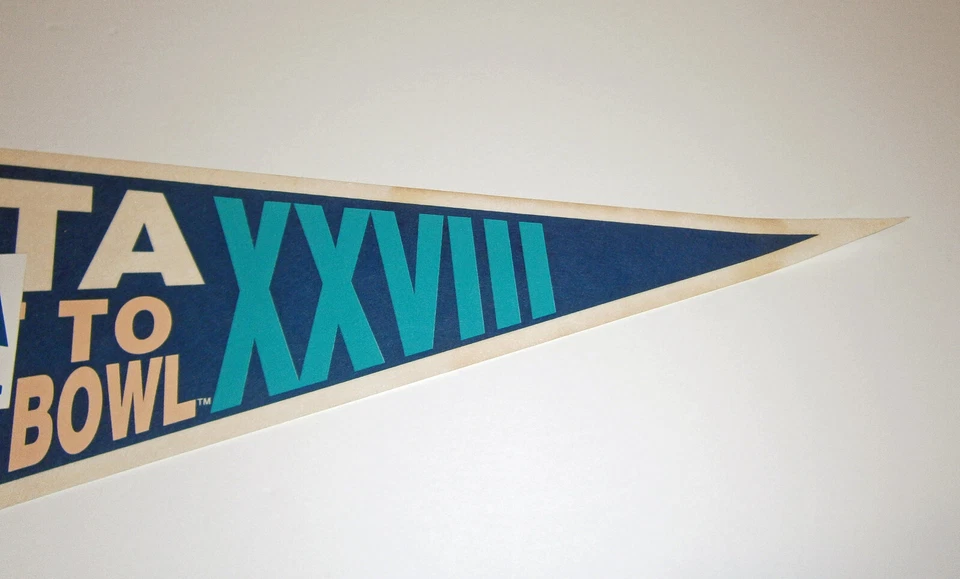 1994 Super Bowl XXVIII pennant Fan Pack Cowboys Bills rare w/ Button & Sticker - Image 3 of 3