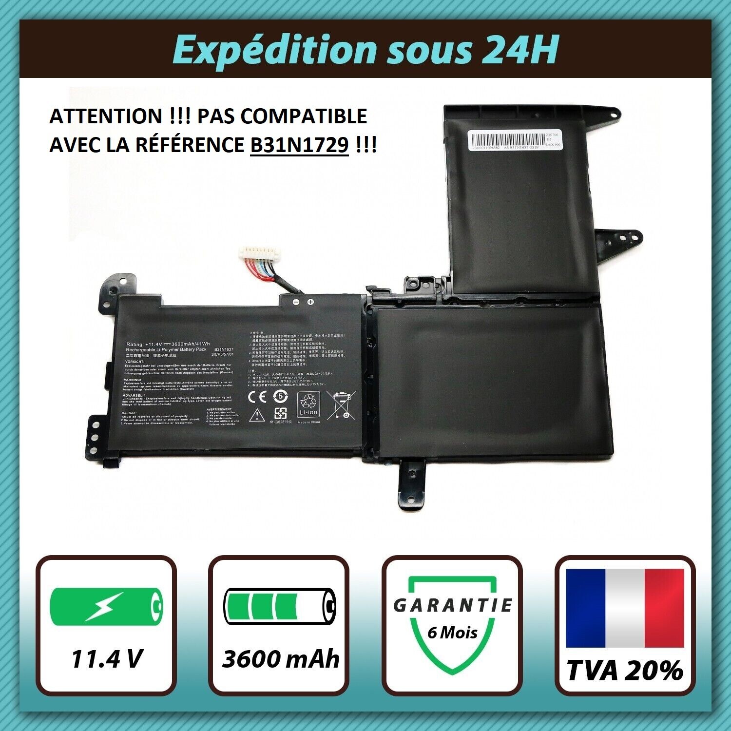 Batterie Asus B31N1637 11.4V compatible accumulateur portable C31N1637