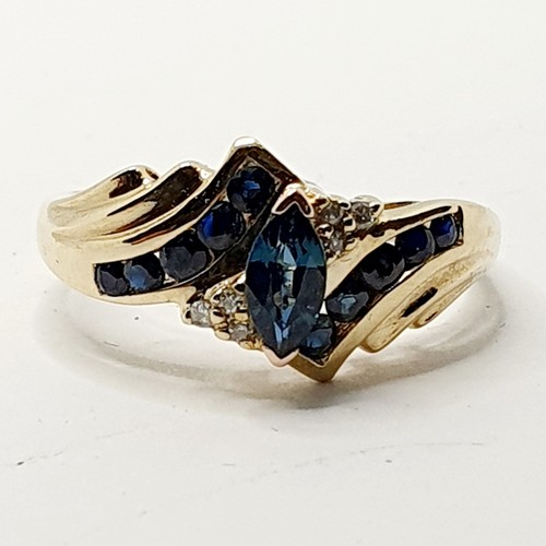 Fancy 9ct Sapphire Marquise Crossover Yellow Gold 375 Ring Size O Hallmarked - Picture 4 of 23