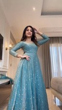 Latest New Fendy Silk Sky Blue Gown Palazzo With Dupatta For Ethnic Wear